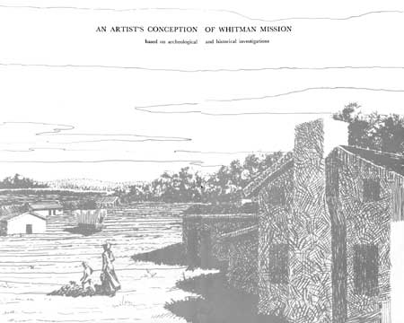 artist's conception of Whitman Mission, based on archeological and historical investigation