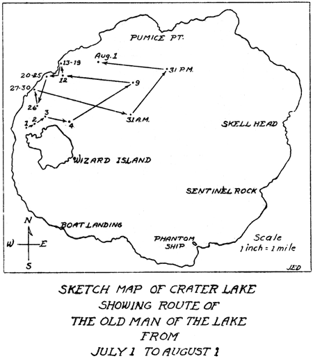 sketch map of Crater Lake showing route of the 'Old Man of the Lake'