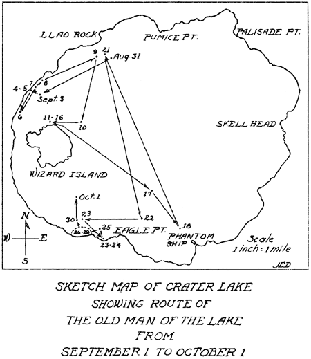 sketch map of Crater Lake showing route of the 'Old Man of the Lake'