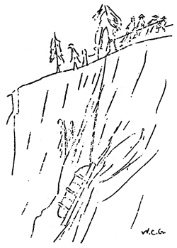 sketch of men lowering boat down rim