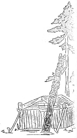 sketch of longhouse, totem pole, tree