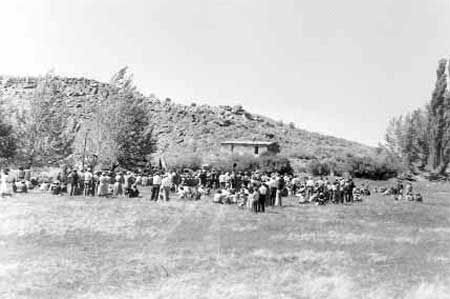 Crowd gathered in meadow for the community barbeque