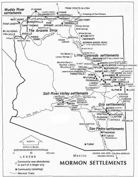 map showing Mormon settlements